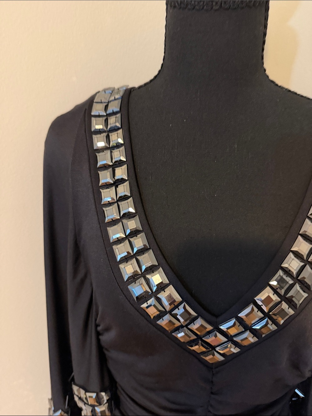bebe Black V-Neck Ruched Top with Metallic Square Trim - Picture 2 of 6